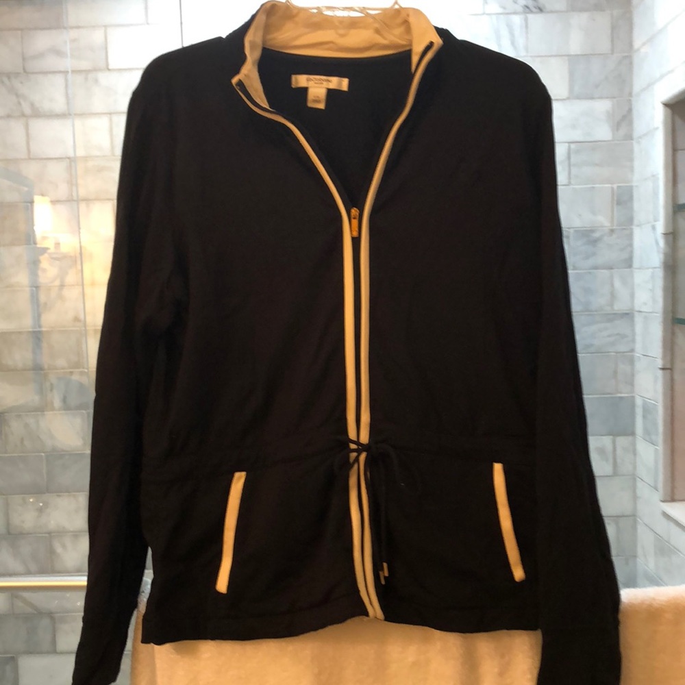 Liz Claiborne Large Workout Jacket; Black with Cream Trim Zipper & Side Pockets
